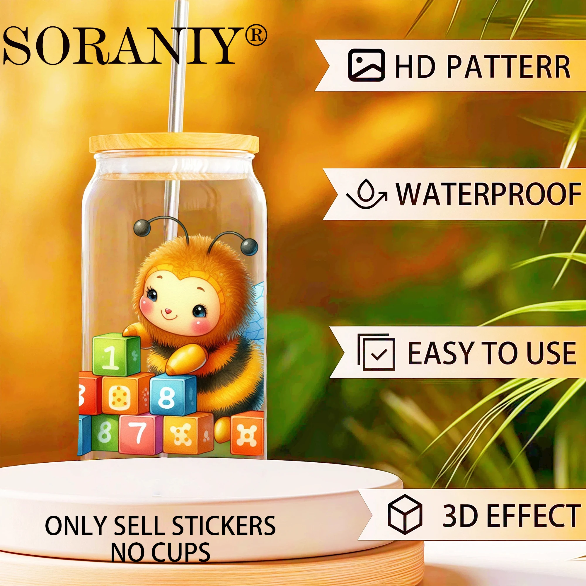 UV DTF 16OZ DIY Transfer Stickers - 5 Pieces/Set Watercolor Back To School Bee Camping Life Theme - view 3