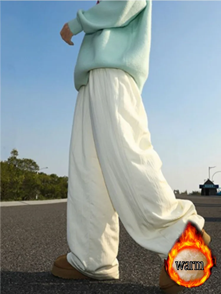 هونج كونج نمط الرجعية بلون السراويل القطنية الحرارية الخريف والشتاء جديد الصوف مبطن سميكة فضفاضة عادية واسعة الساق بنطلون للطالبات