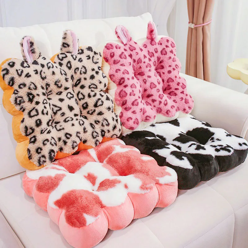 American Leopard Print Plush Cushion Super Soft Faux Rabbit Velvet Back Pillow Office Computer Chair Cushion for Autumn Winter