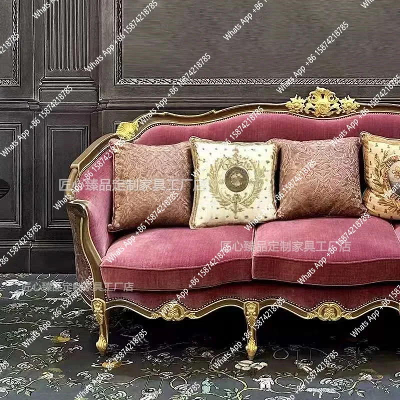 

YX французский антикварный диван из цельного дерева с резьбой по цветку из бархатной ткани, европейская роскошная вилла, комбинированная гостиная, одинарная и двуспальная S