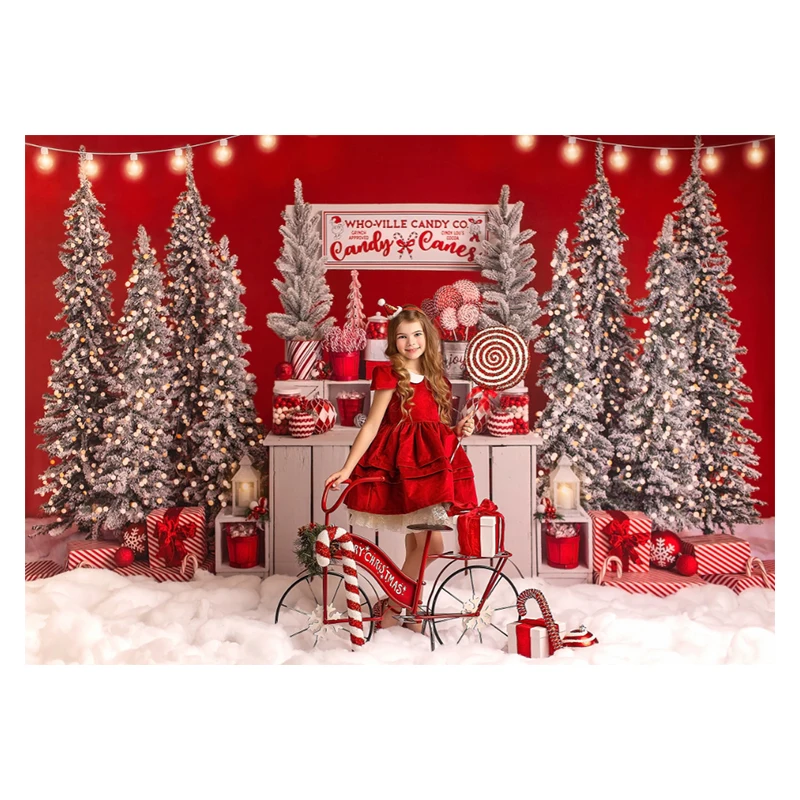 Mocsicka Xmas Candy Shop Backdrop For Children Portrait Holiday Party Photography Red Wall Christmas Tree Decor Supplies Props