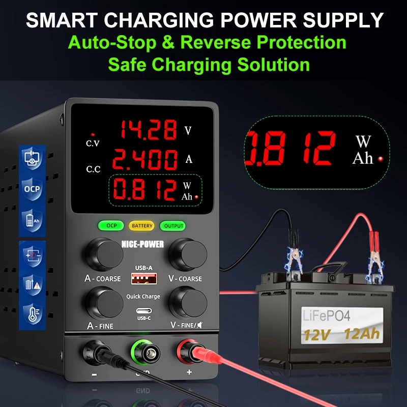 Intelligentes DC-Netzteil mit automatischer Ladeabschaltung und Verpolungsschutz, einstellbares Labor-Tischnetzteil zum Laden von Batterien 12V 24V 30V 48V 60V 120V 5A 10A