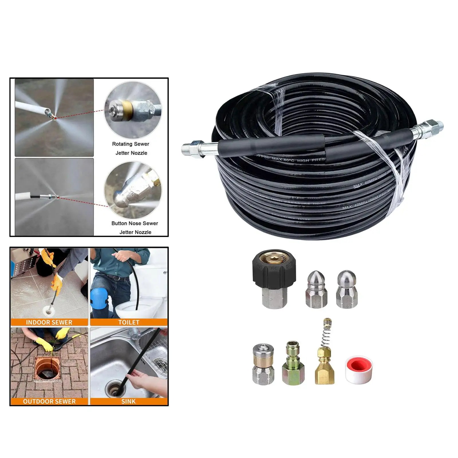 Pressure Washer Hose with Quick Connector 50ft Portable Button Nozzle and Rotating 1/4