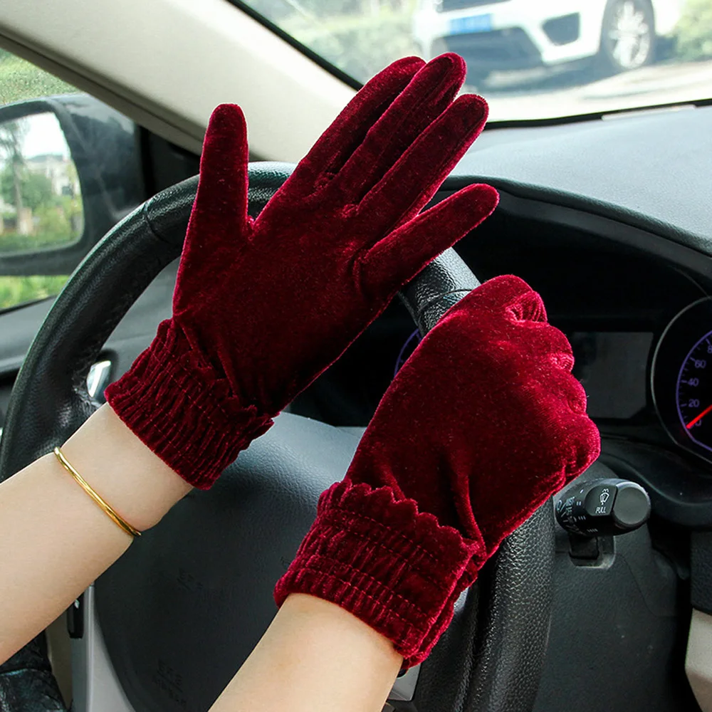 Winter Outdoor Women Solid Warm Soft Driving Gloves Elastic Gold Velvet Gloves Full Finger Mittens