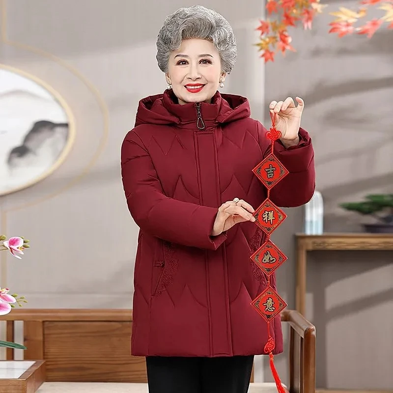 Giacca invernale in cotone della nonna Cappotto femminile Moda con cappuccio Spessa tuta sportiva calda in pile Fiori ricamati Parka da donna