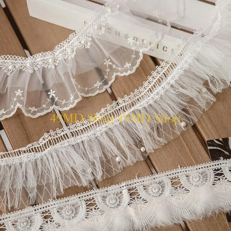 49MD 1 Yard Pleated Mesh Lace Ruffle Trim Ribbon Tassel Faux Pearl Beading Applique Wedding Bridal Dress DIY Sewing Craft