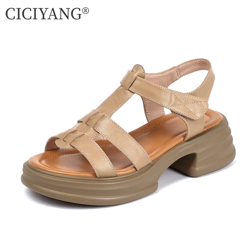 

CICIYANG Women Open Toe Sandals Genuine Cowhide Leather 2024 Summer New T-Strap Chunky Platform Roman Sandal for Ladies Handmade