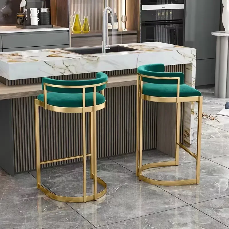 Nordic Velvet Bar Stool High Back Chair Stainless Steel Frame Modern Kitchen Counter Seat for Cafe Bistro Home Dining Room