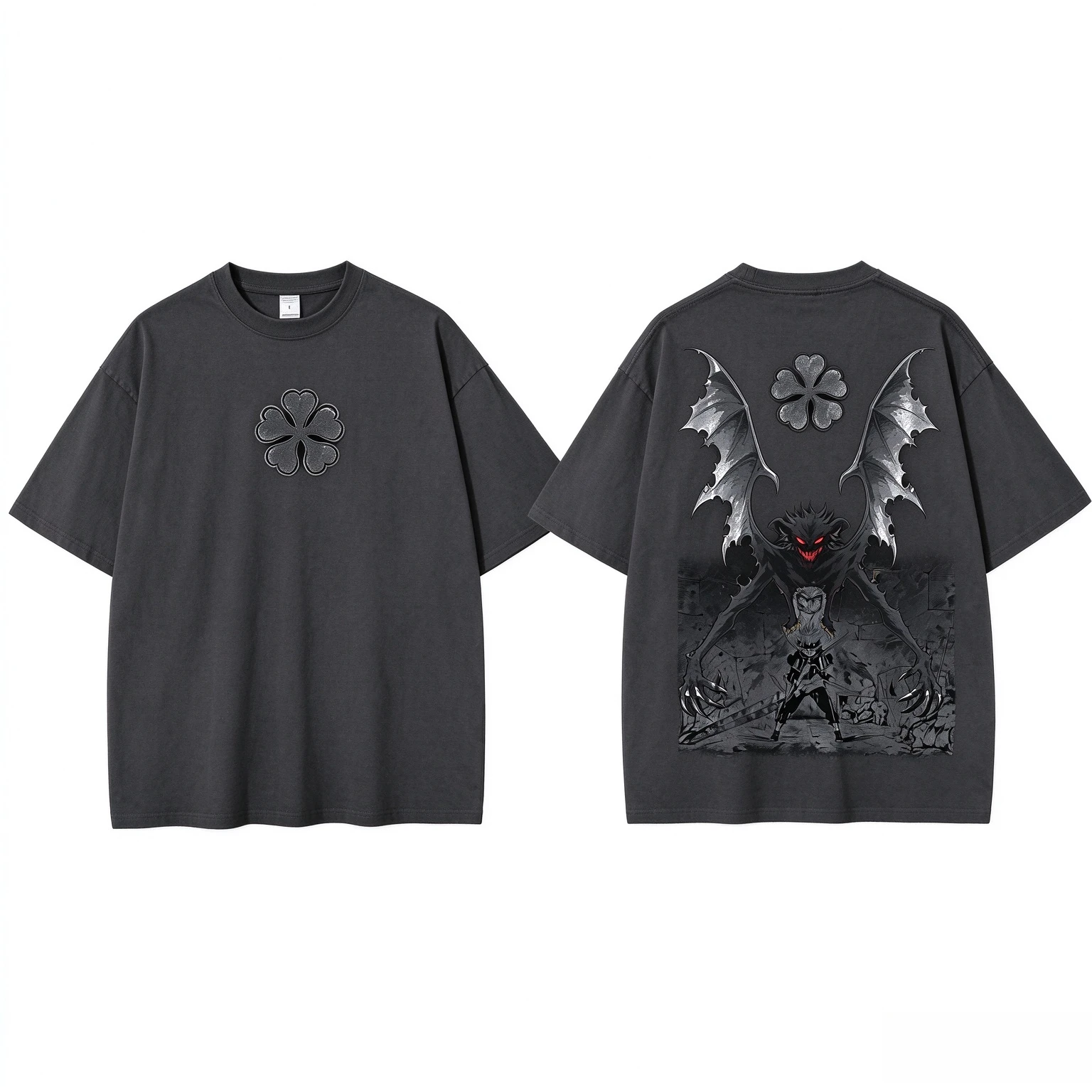 Fantasy Demon Wings Double Sided Print T Shirt Unisex Four Leaf Clover Graphic Tee Casual Streetwear Men Women Short Sleeve Top