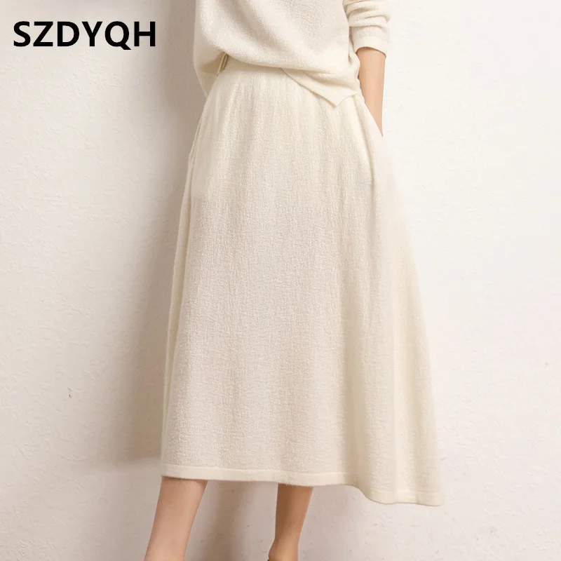 High-end 2023 Autumn and Winter New 100% Cashmere Skirt Women\'s High Waist Skirt Female Fashion Solid Color A Word Knit Skirts