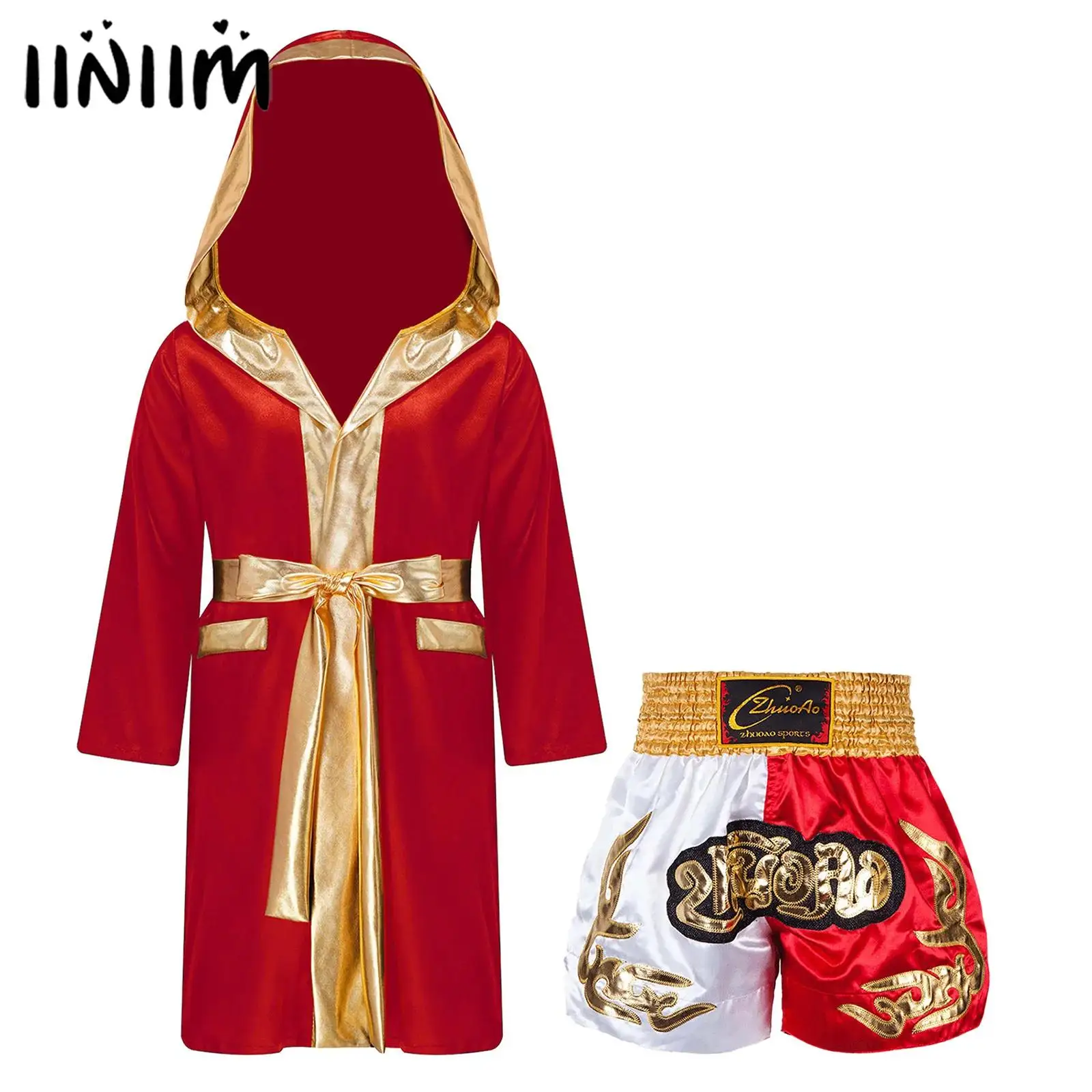 

Martial Arts Performance Training Clothes Girls Boys Boxing Outfit Halloween Cosplay Costume Hooded Cloak with Belt Shorts 2Pcs