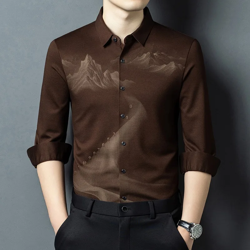 

Luxurious Man Landscape Printed Shirts Anti Wrinkle No Iron Quality Top Casual Long Sleeve Business Elastic High End Dress Shirt