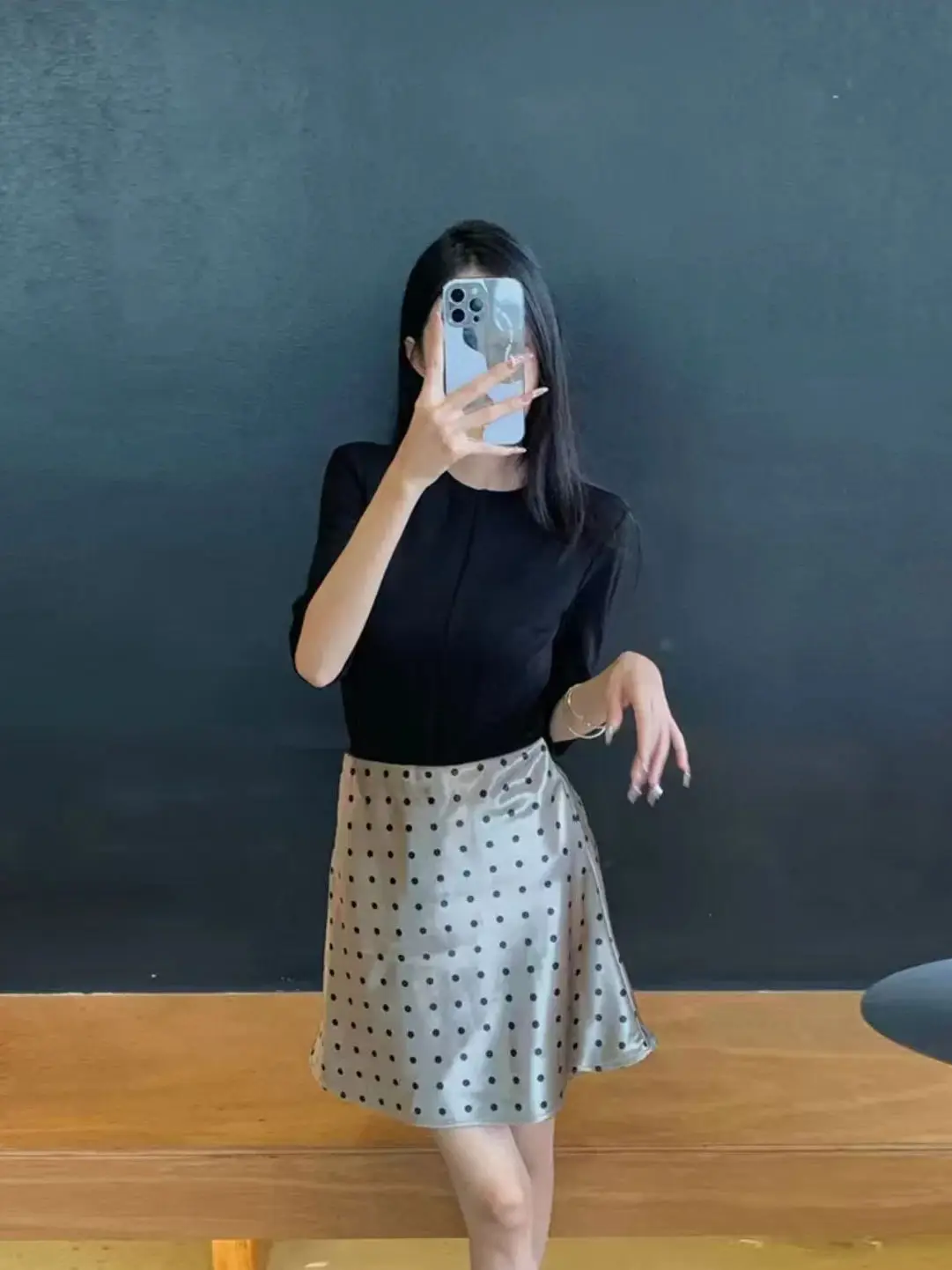 

Slimming Polka Dot Midi Skirt And T-Shirt Set Women's mid Sleeve Waist-Cinching Top Fashionable Commute Style Summer Outfit