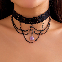 Goth Black Lace Purple Stone Pendant Choker Necklace for Women Vintage Multilayer Metal Chain Halloween Party Jewelry Steampunk