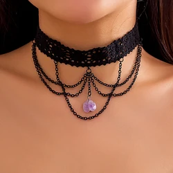 Goth Black Lace Purple Stone Pendant Choker Necklace for Women Vintage Multilayer Metal Chain Halloween Party Jewelry Steampunk