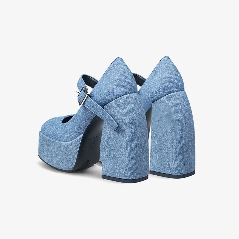 2023New Denim Cloth Women Pumps Platform Ankle Strap Mary Jeans 14cm Square High Heels Black Party Stilettos Sapatos Mujer