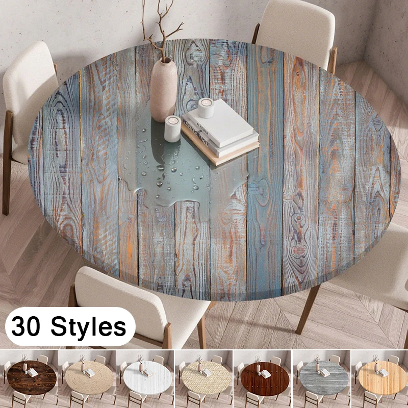 Elastic Waterproof Round Wooden Textured Tablecloth,suitable for Kitchen Dining,outdoor Activities,picnic Camping,garden Party