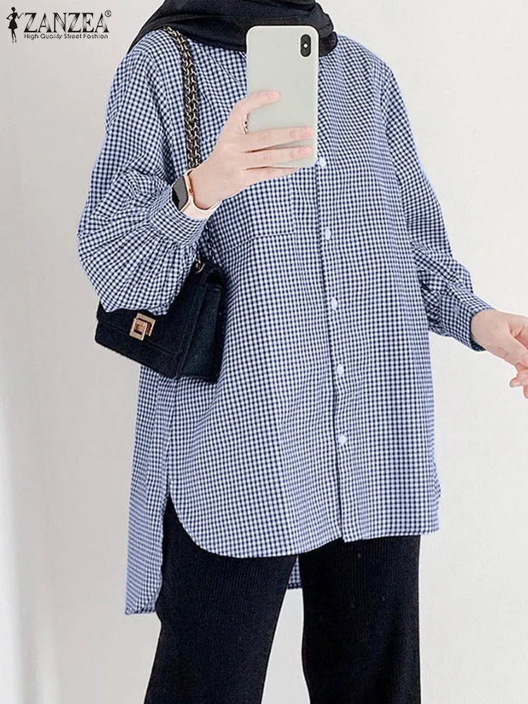 Muslim Tops For Women Spring Full Sleeve Plaid Checked Long Shirt Isamic Clothing ZANZEA Dubai Turkey Abaya Turkish Blouse 2023