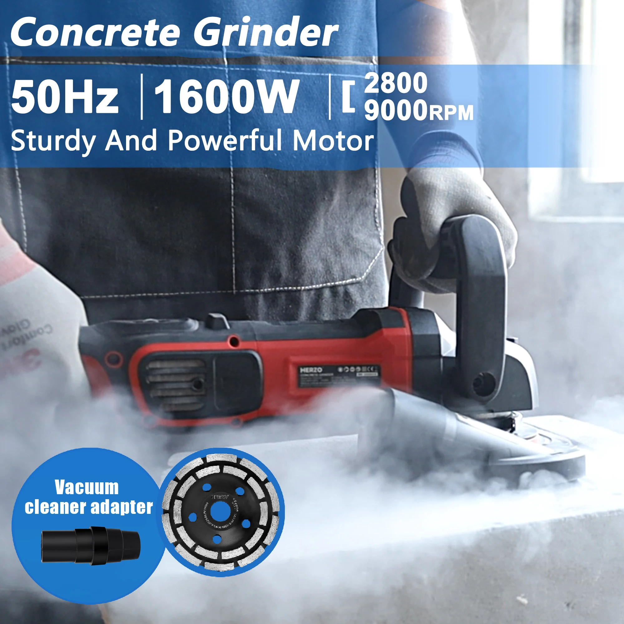 مطحنة رمل خرسانية HERZO بقدرة 1600 وات، مطحنة حجرية محمولة متعددة الوظائف خالية من الغبار وآلة طحن وتلميع الخرسانة