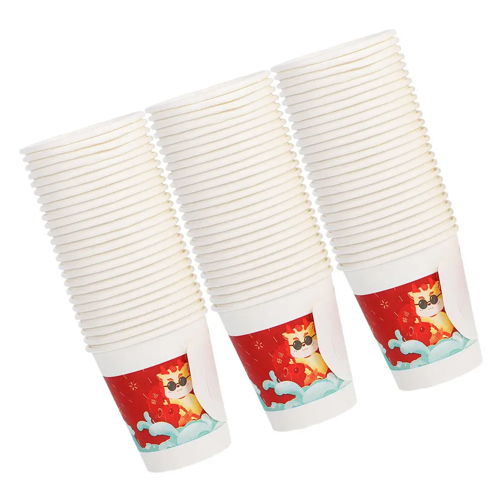

100Pcs Red Dragon Pattern Paper Cups with Handle Sturdy Hot Cold Drink Cups for Chinese New Year Wedding Party Disposable