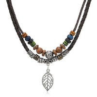 Stacked Artificial Leather Rope Beaded Necklace Men Vintage Layered Tribal Leaf Pendant Necklace For Men Jewelry