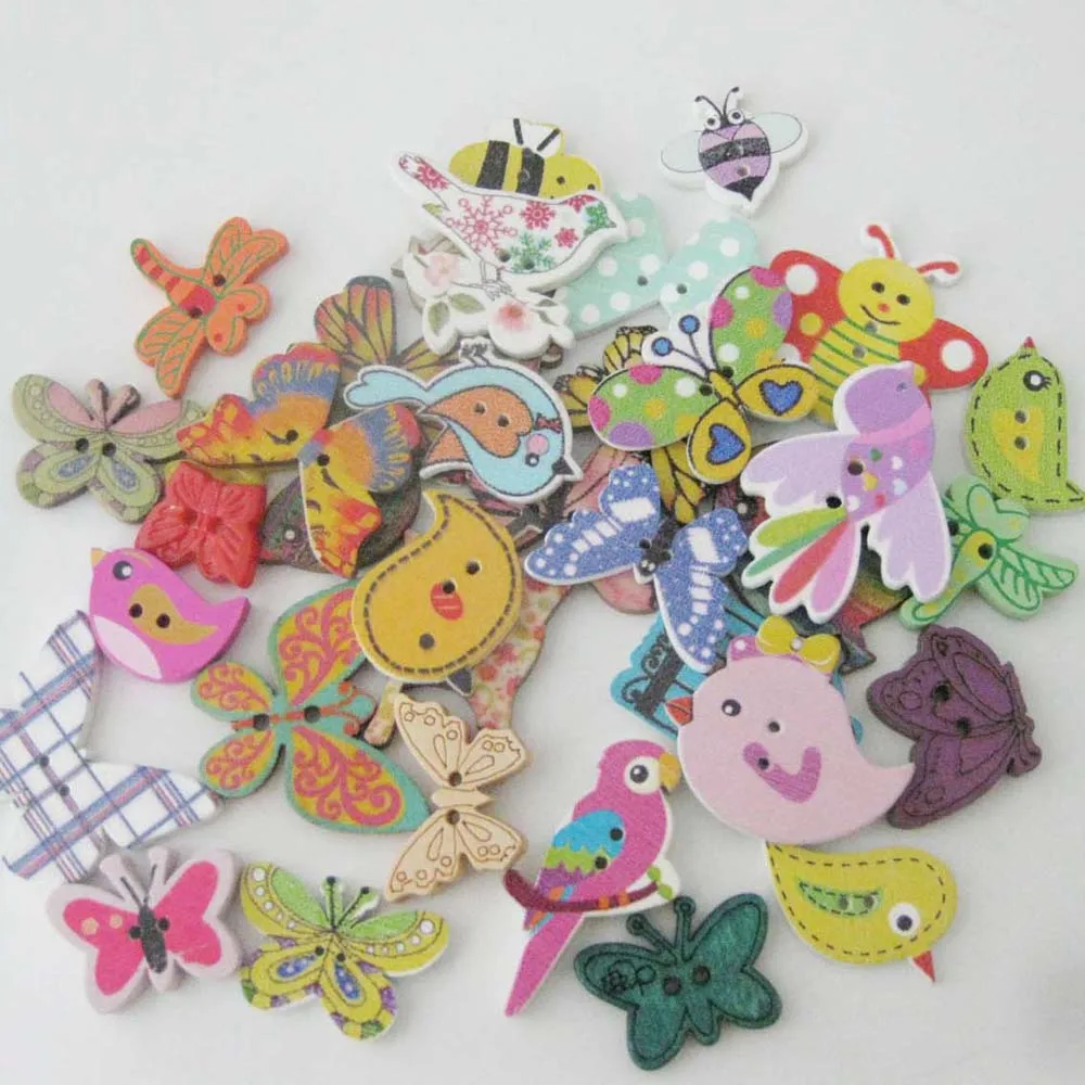 WBNSVS Fashion Wooden Butterfly Buttons Mixed 50Pcs DIY Sewing Scrapbooking Craft Accessories Button