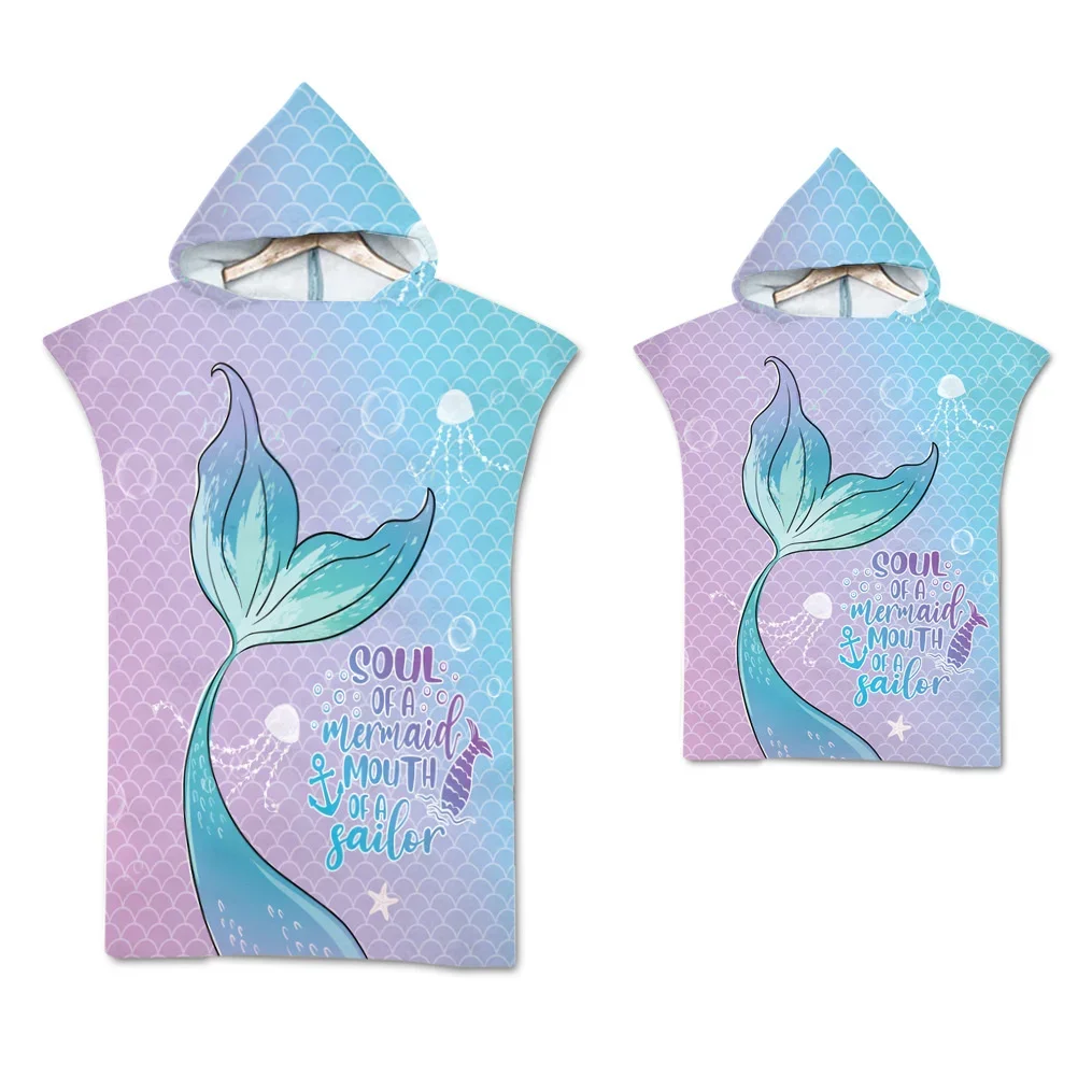 Mermaid Microfiber Quick Dry Large Beach Bath Towel Hooded Cloak Wetsuit Adult Kids Parent-Child Poncho Bathrobe for Swim Surf