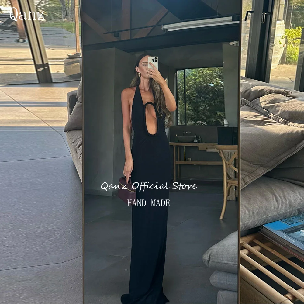 

Qanz Black Mermaid Prom Dress Halter Neck Satin Floor Length Formal Evening Gowns Sleeveless Robe De Soirée Femme Customized