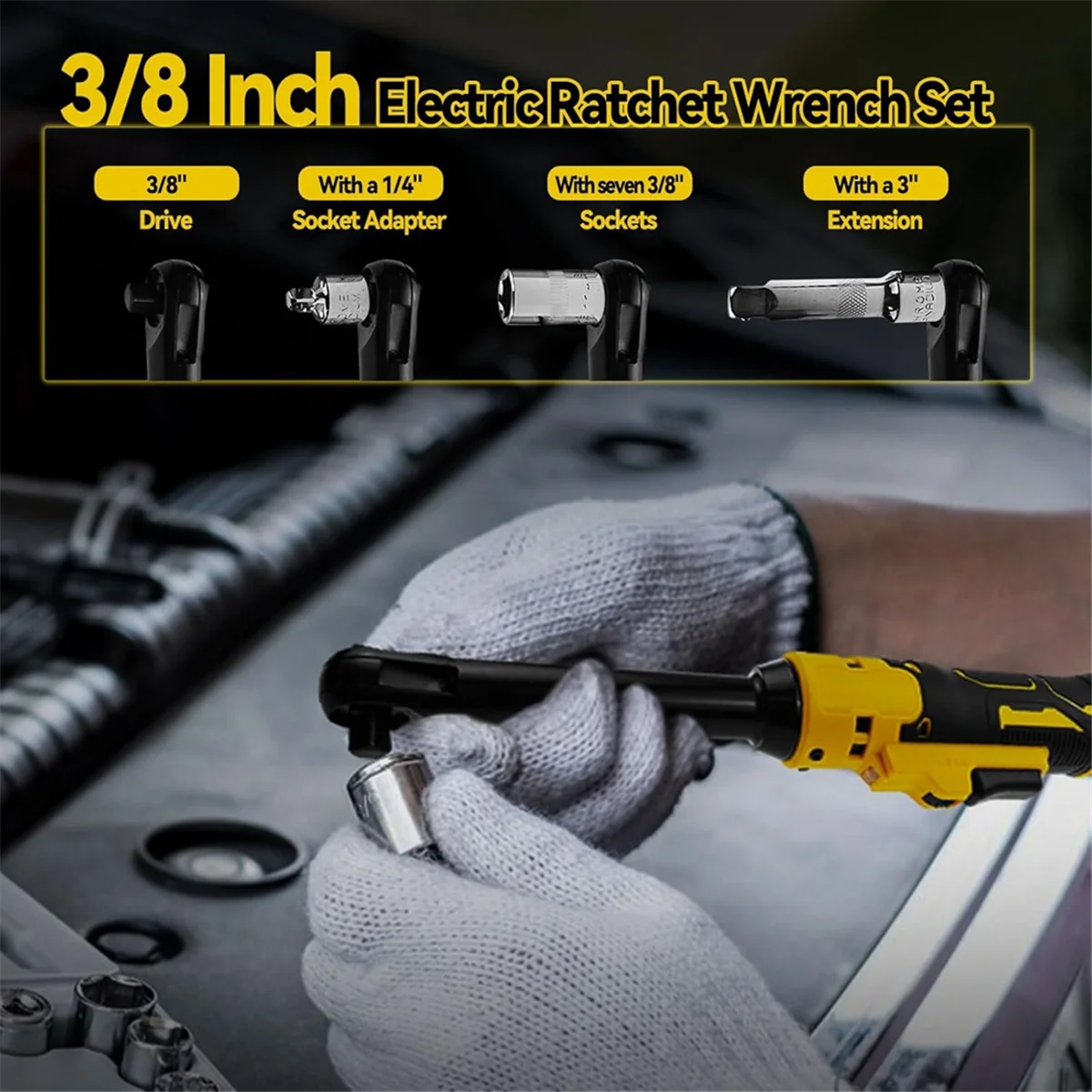 ABJS 3/8inch Extended Cordless Ratchet Wrench for 20V Series BatteriesElectric Power Ratchet Set with Metric Sleeves