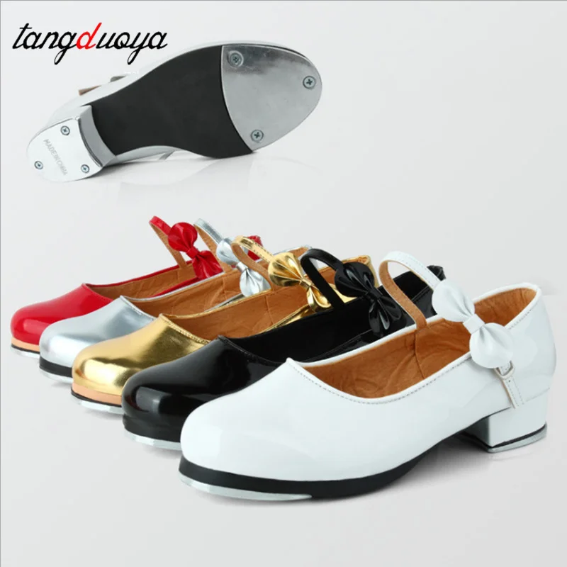 

Girls Slide Buckle with Bow Low Heel Tap Shoes Shiny Leather Non-skid Rubber Pad Tap Dance Shoes For kids Women