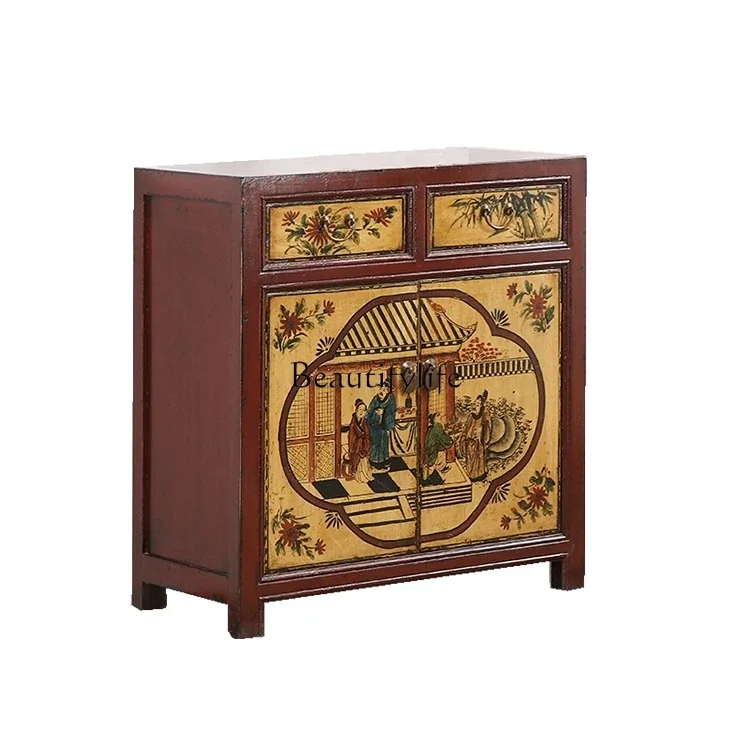 

1New Chinese antique hand-drawn painted elm old shoe cabinet solid wood foyer Ming and Qing Dynasty dining side storage side