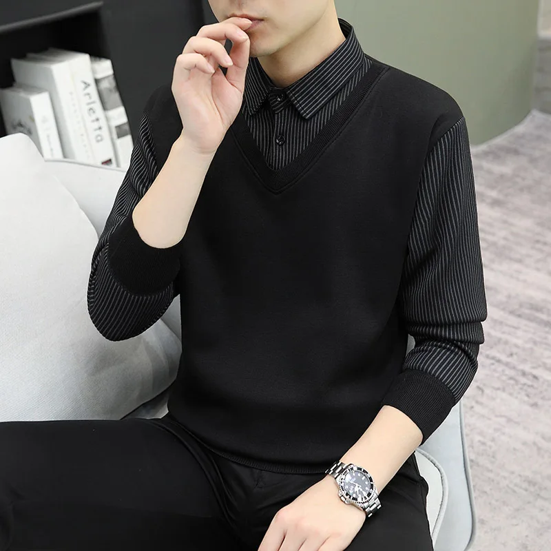 

Мужской трикотажный свитер с эффектом двухслойности, утепленный флисом, модный городской стиль, из полиэфирного волокна, для зимнего сезона