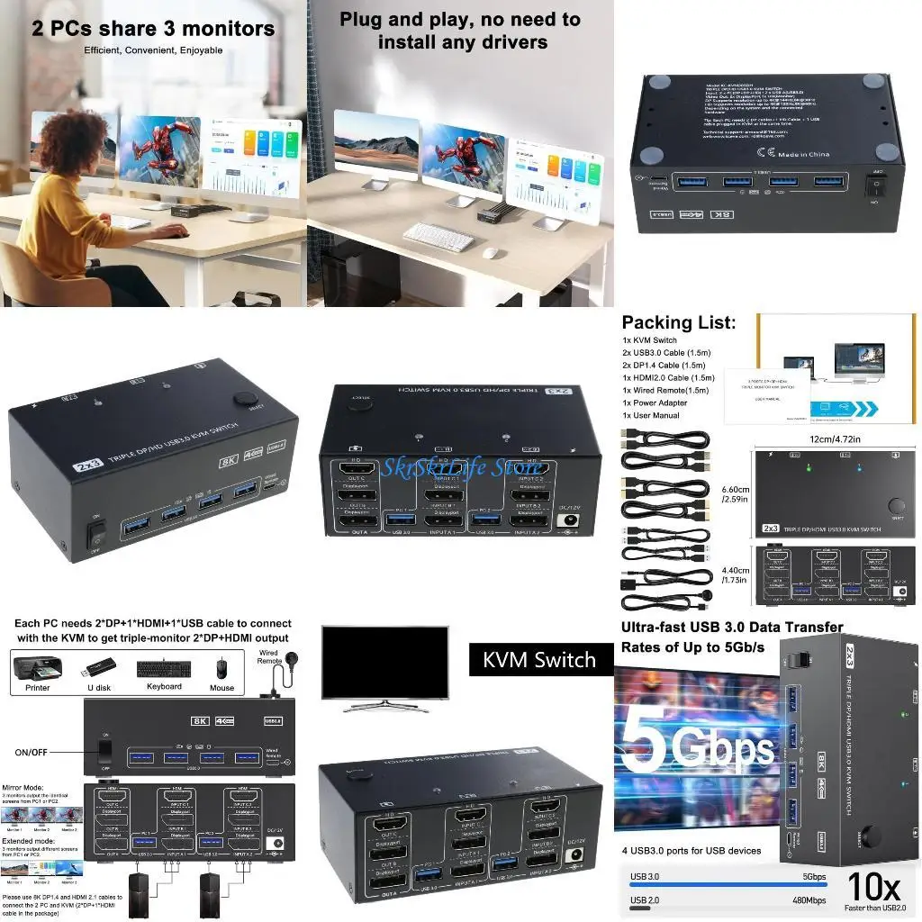 

E65E Highly Speed HDTV USB3.0 KVM Switcher 3Monitors 2Computers 8K@60Hz 4K@60Hz