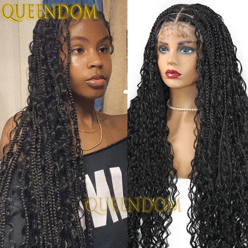 Synthetic Full Lace Bohemian Braid Wig 32 Inch Cornrow Braided Wig with Curly Hair Knotless Box Braids Goddess Wig for Daily Use