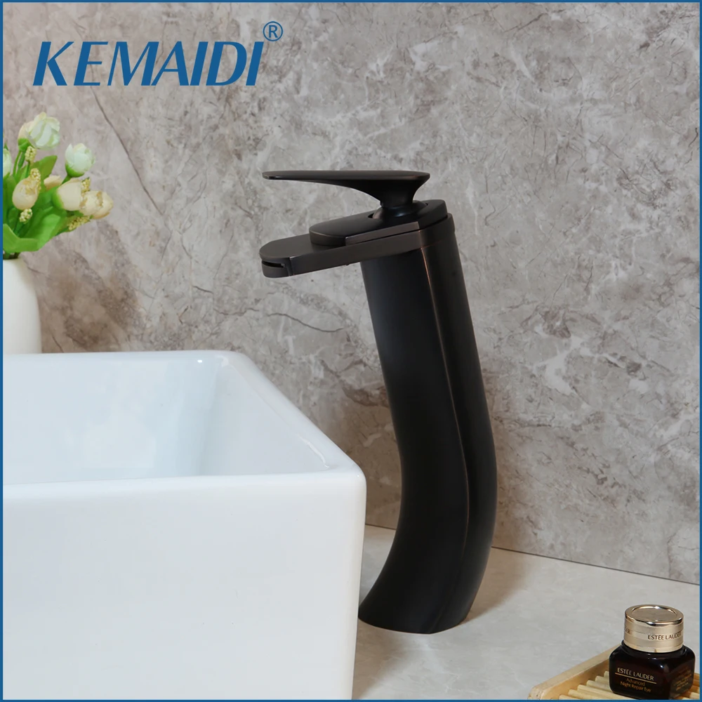 

KEMAIDI Black Bathroom Basin Faucet Waterfall Spout Hot Cold Water Mixer Tap Deck Mounted Sink Faucets High Banheiro Torneira