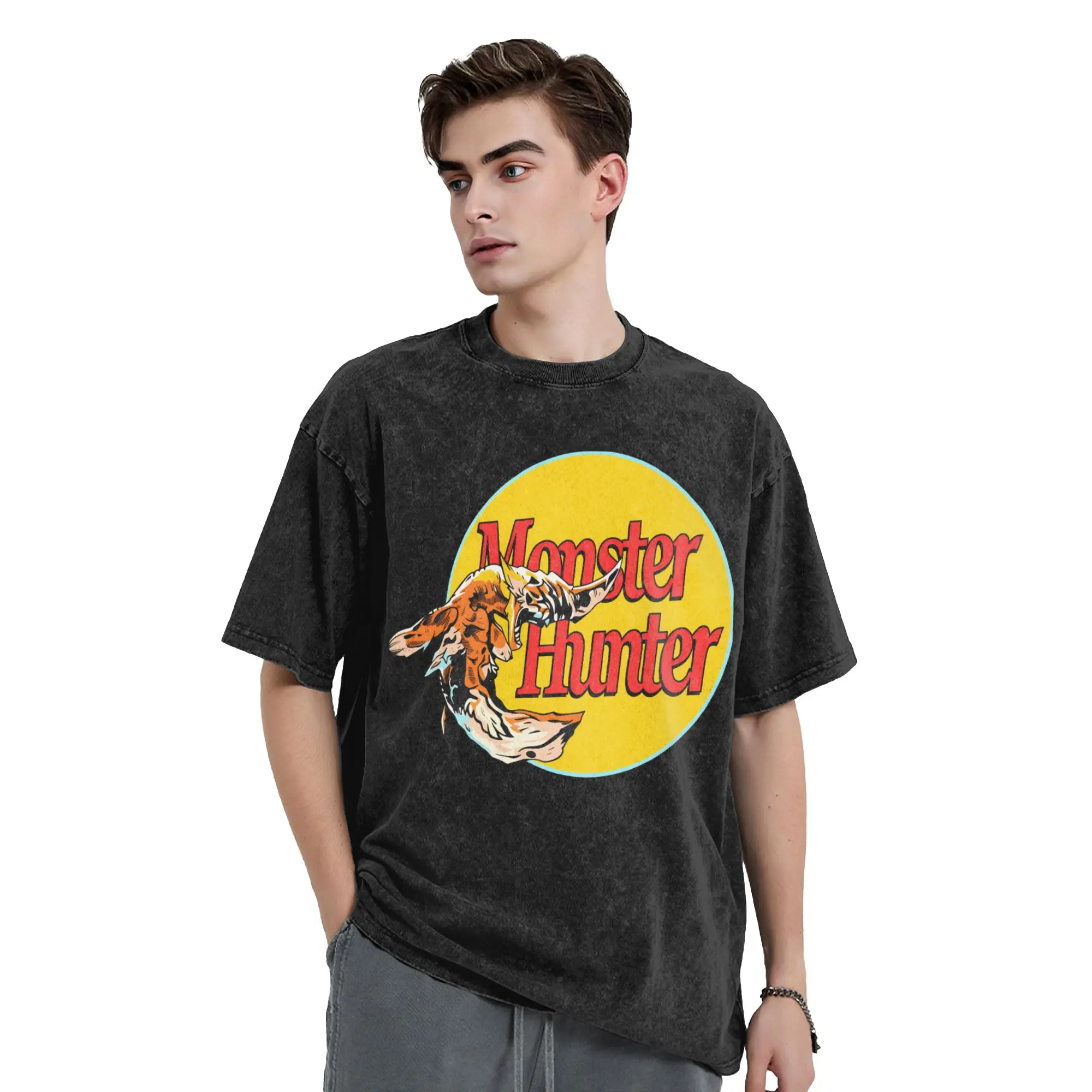 Vintage Washed T-Shirt Monster Hunter World Pro Logo Cotton T Shirts  Hip Hop Tshirt for Couple Summer Y2K Classic Printed Tees