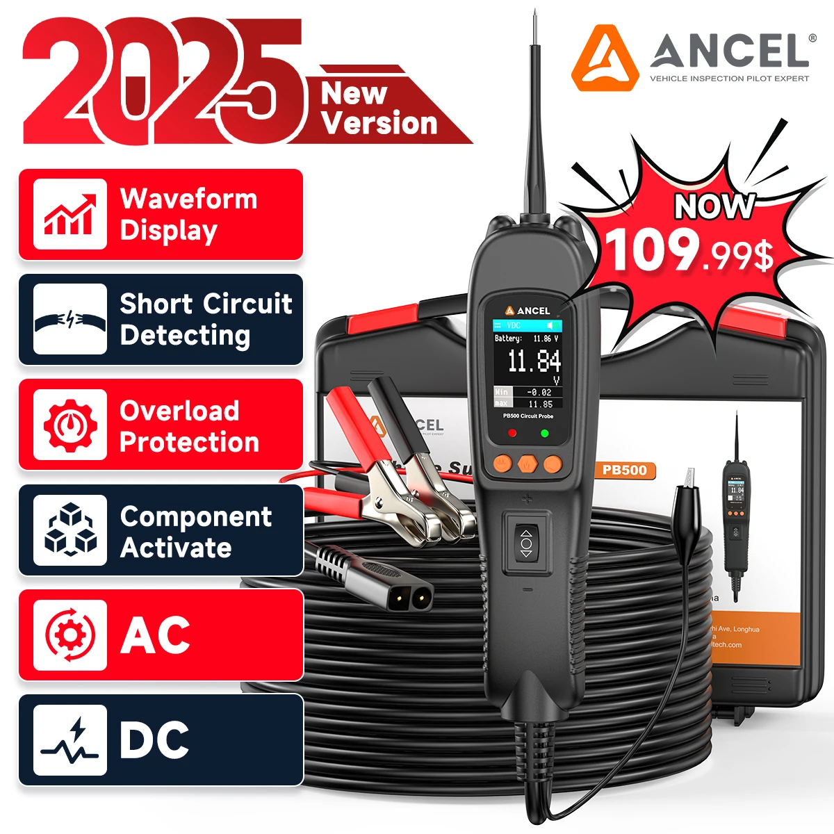 

ANCEL PB500 12 В 24 В автомобильный зонд тестер комплект автомобильный тестер освещения инструмент тест топливной форсунки тест частоты тестер батареи