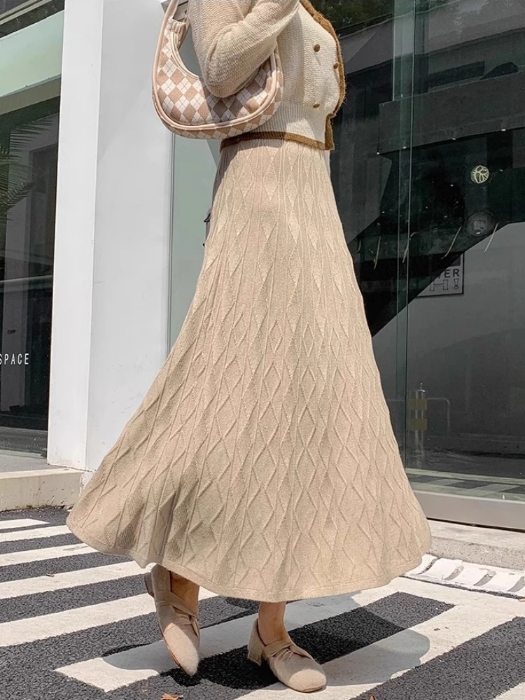 

Knitted Half Skirt for Women Midi long A-line Fashion Skirts High Waisted Slim Woolen Skirt Autumn Winter Ladies Umbrella Skirts