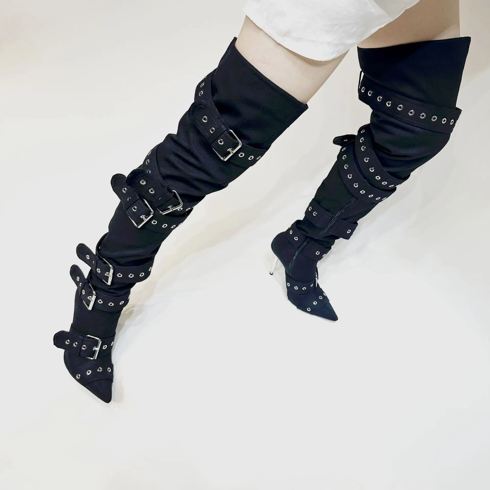 2023 New European and American Cross border High Heel Over Knee Boots with Pointed Button Rivet Sexy Women\'s Large Shoes Size 43