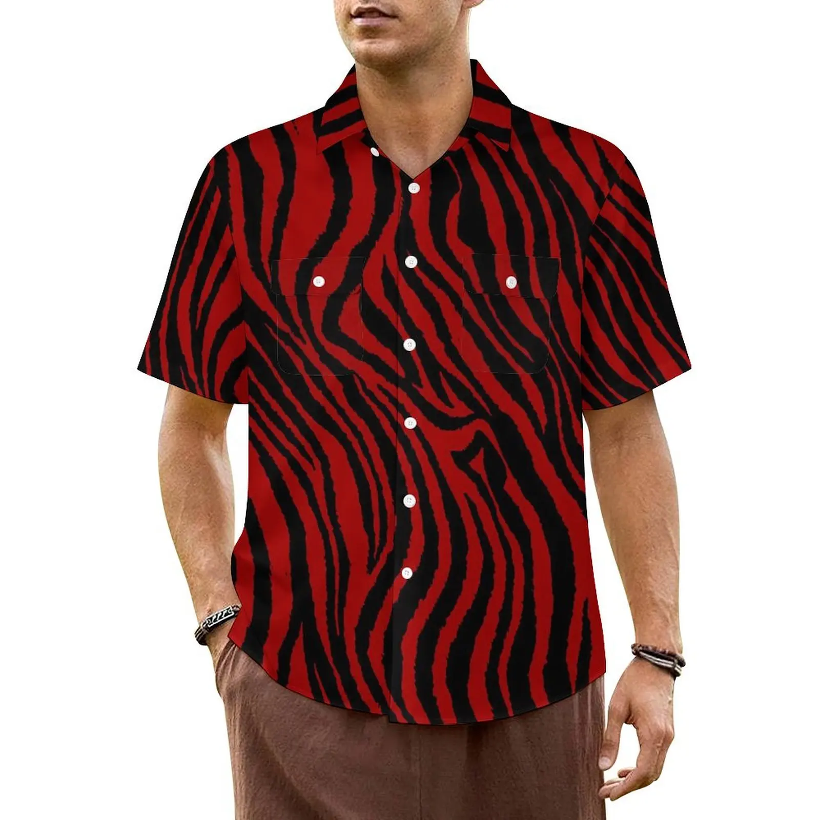 

Striped Ruby Red Hawaii Shirt For Men Beach Abstract Print Casual Shirts Short-Sleeve Breathable Graphic Loose Plus Size Blouses