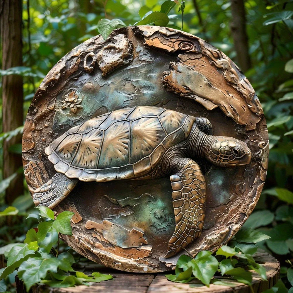 

Sea Turtle Aluminum Metal Wall Art Decor, Round 2D Flat Sign, Art Deco Style, Marine Animal Themed Hanging Plaque