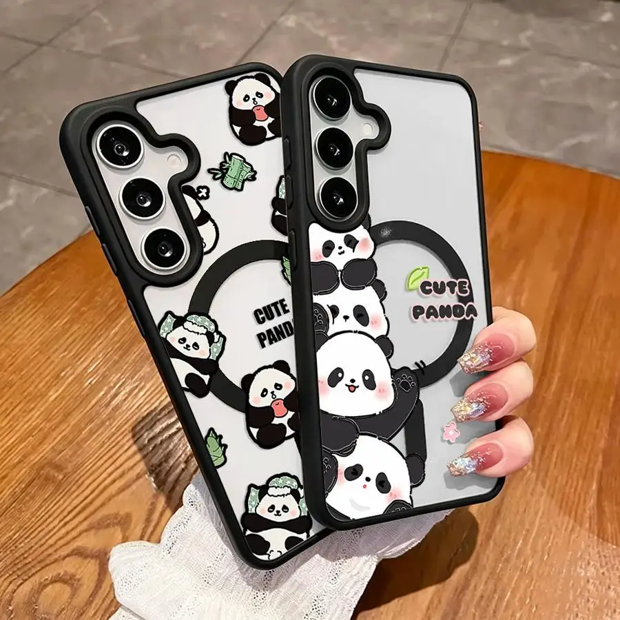 Magnetic Phone Cover Case for Samsung Galaxy S26 Plus S24+ S25 S24 FE S25 S22 Ultra S23+ S23 S26+ Cute Panda Cartoon