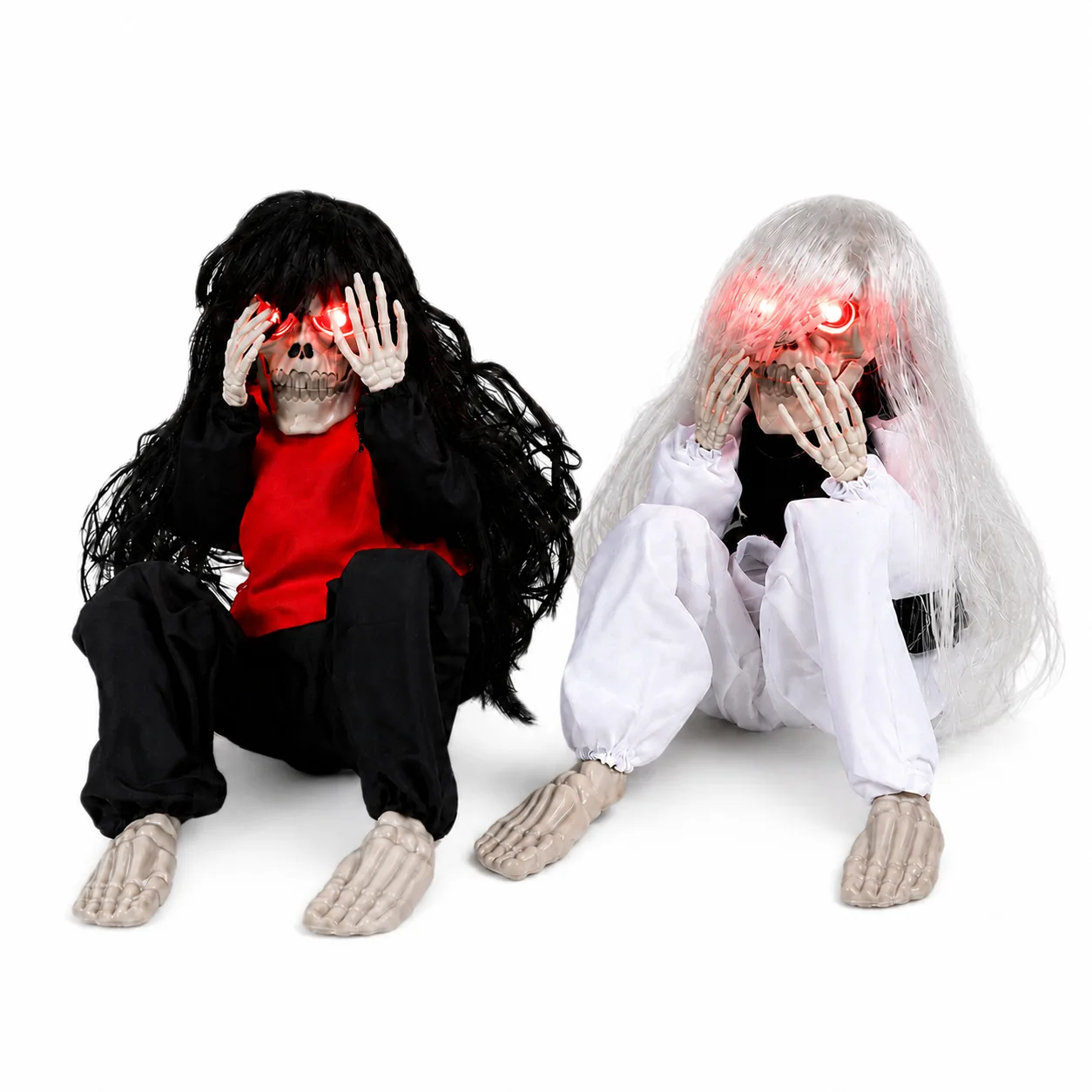 Light Up Skeleton Halloween Decoration Red Eyes Long Black Hair Scary Sitting Doll Indoor Party Display