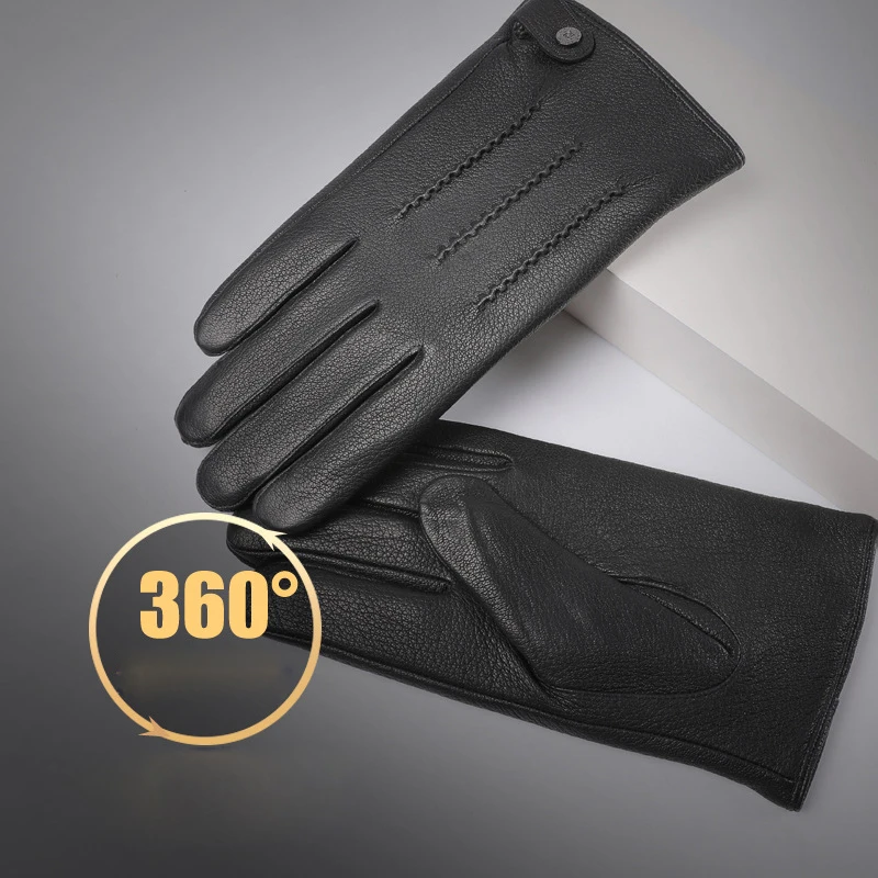 Gants en cuir véritable pour hommes, automne-hiver Plus velours thermique épais en fausse peau de cerf, gants en peau de mouton pour écran tactile