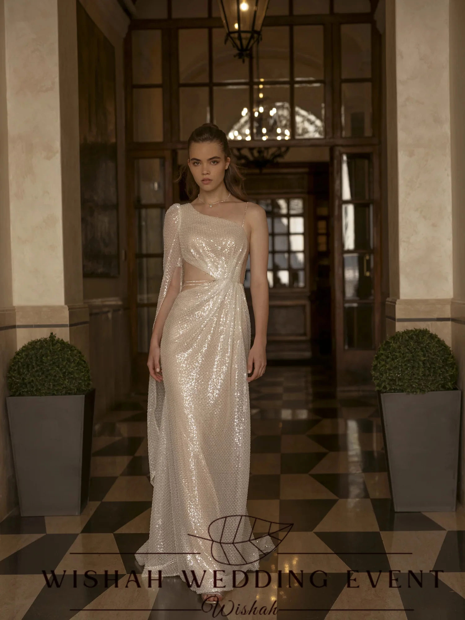 Wishah Customized Weeding Dress Elegant One-shoulder Irregular Neck Beading Button Back Pleated Mermaid Sheath Long Bridal Gown