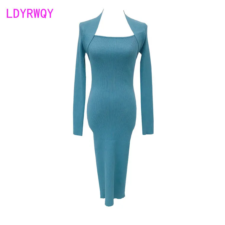 Autumn and winter new style Hong Kong style retro style shoulder-wrapped square neck slimming slit knee dress