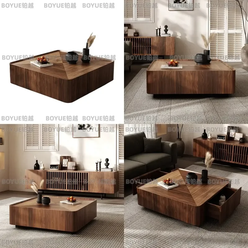 for Mid-century Modern Walnut Coffee Table Wooden Frame Metal Base Center Table Simple Design Living Room Square Function