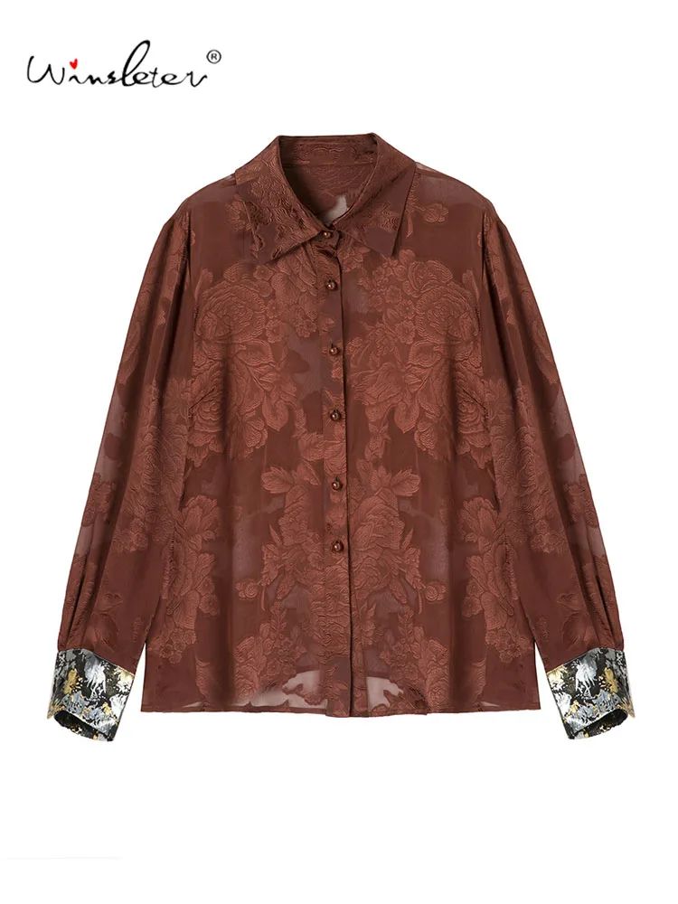 

Winsleter-100% Элегантная рубашка из натурального шелка, с длинным рукавом и цветочным принтом, женская темпераментная универсальная повседневная прозрачная блузка, осень 2023, T59335CC