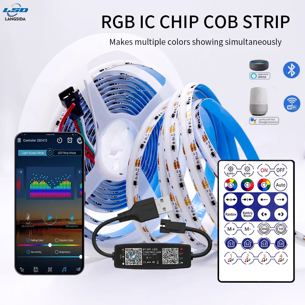 

WS2811 Bluetooth Smart RGB COB Strip Controller APP Control 720LEDs/m Sound-Activated & Music Modes Running/Waterfall Effects 5V
