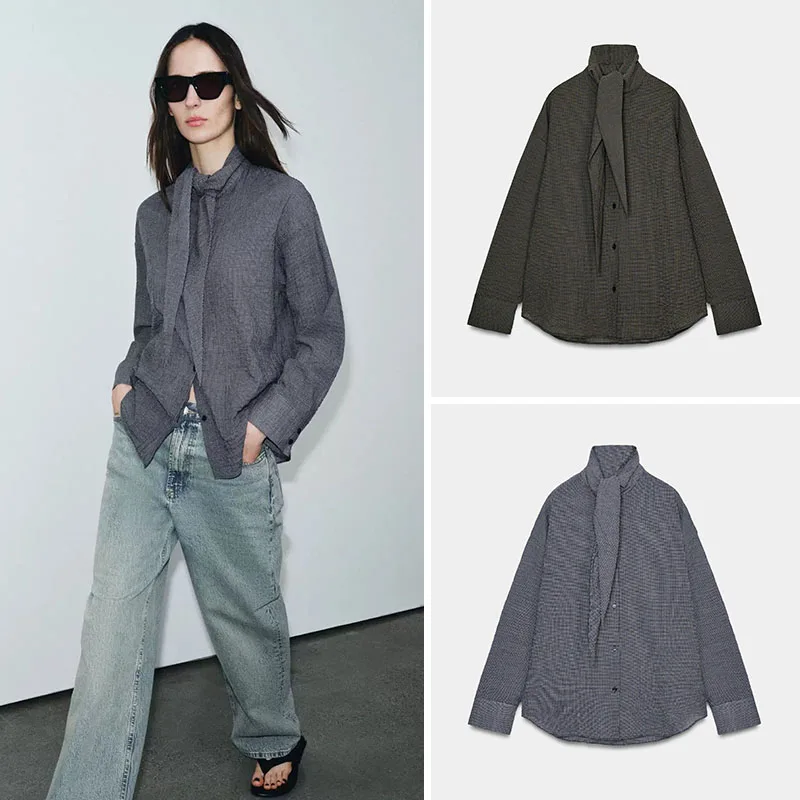 

Spring New Arrival Women's Casual Long Sve round Ne Plaid Scarf irt Comfortable Breathable Ethnic Sle Stage Costume